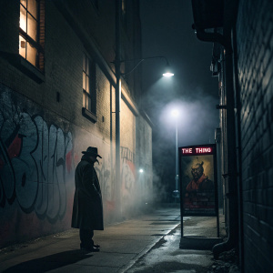 A dark alleyway at night, graffiti covered walls, fog rolling in. A mysterious figure in a coat and hat stands near a dimly lit streetlamp, holding a movie poster for 'The Thing'.