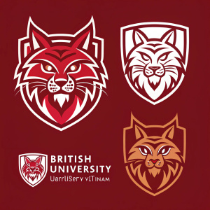 Design concept for British University Vietnam branding: Stylized wildcat face logos. Bold, dark red color scheme.
