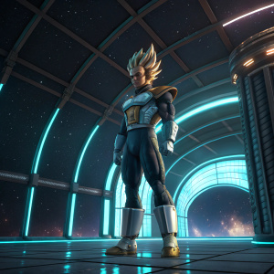 Digital rendering of Vegeta, the Saiyan warrior, in a futuristic space arena.