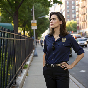 Milena Govich as Detective Nina Cassady standing on a busy city street. Serious look. Wearing a navy blue shirt with a badge belt, black pants. City fence, trees, and passing cars in the background.
