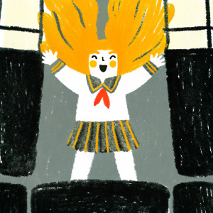 Digital art of a girl in a My Hero Academia style school uniform. Orange hair in flames, standing heroically