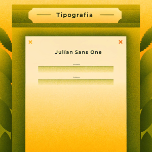 Webpage screenshot displaying 'Tipografía' section. Julian Sans One font characters showcased. Clean, modern interface design.