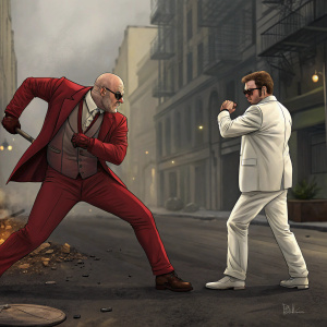 Matt Murdock, clad in red suit, fighting stance. Wilson Fisk, Kingpin, in white suit, looks intimidated. Urban street with rubble, digital artwork