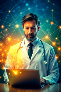  Medical technology, innovation health and medical research, healthcare and medicine concept. Doctor or technician working with AI data analysis, lab experiment, data science