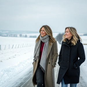 Jennifer Aniston and a female friend walking on a snowy path. Both are dressed in winter coats and scarves.