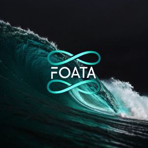 Brand Foata's logo featuring sleek, modern font 'Foata' intertwined with dynamic, teal-green wave design on minimalist black background.