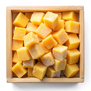 all frozen mango, cube, lying wood box, top view, white background
