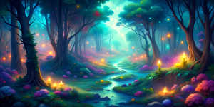 Dark mysterious woods in the evening. Disney-style landscape. Bright, vibrant colors. Tiny glowing fireflies in the air. A lot of green. 