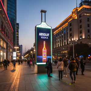An eye-catching outdoor ad for Absolut Vodka. The illuminated billboard stands out against the dark night sky in a bustling city street, surrounded by flickering neon lights and bustling crowds.
