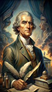 Generate an image of Thomas Jefferson that captures his stature as a founding father and thinker, possibly including symbolic elements like a quill or the Declaration of Independence in the background