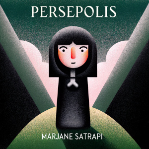 Marjane Satrapi's book cover for 'Persepolis', featuring a minimalist black and white illustration of a young girl. The title and author name are boldly displayed at the top of the page