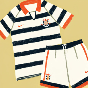 Digital illustration showcasing a modern Santos Futebol Clube kit concept. Striped jersey in traditional colors of blue and white, paired with matching shorts. Clean, sleek design featuring prominent sponsor logos. Promotional image highlights the new kit's stylish elements and strong branding.