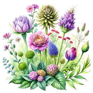 watercolor image , artichokes  ,pink centaurea ,nigella ,mentha ,, hydrangea , wild lupine ,compass plant ,dogwoodevening primrose ,nodding onion , cosmos,scilla,hosta ,achillea,carly dock ,bee balm , physalis , watercolor,  background