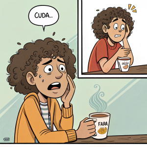 Comic strip featuring Cruda with curly hair, worried near a cup. Next panel, Guyabao in pain. Both in cartoon style.