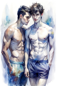 A couple of cute slender muscled shirtless young men with very short dark hair, at full height, wearing swimjammers, putting their hands around each other's waist