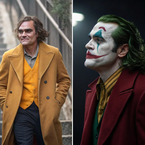 Photo collage featuring Joaquin Phoenix in dual roles. First image: casual, natural look, wearing a mustard coat and v-neck shirt. Second image: transformed into Joker, with theatrical makeup and intense gaze, against a dark, moody backdrop.