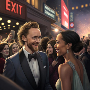 Tom Hiddleston and Zawe Ashton mingling with fans at an award show. Flashing lights, crowded venue, emergency exit sign visible