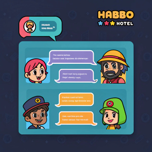 A vibrant, user-friendly chat interface for Habbo Hotel. Diverse cartoon characters in colorful bubbles against a dark background. Modern design for easy interaction.