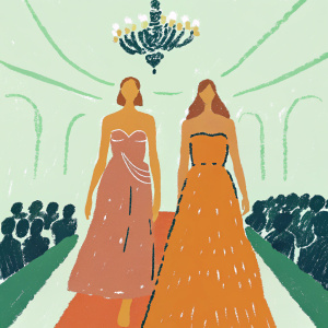 Karlie Kloss and Bianca Brandolini d'Adda walking down the runway at a high-end fashion show in Paris.