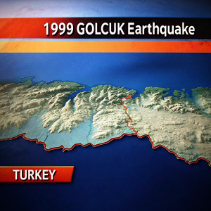 Interactive map highlighting the devastating 1999 Gölcük earthquake in Turkey. Red marker pinpointing the epicenter. Accompanied by detailed text and statistics.