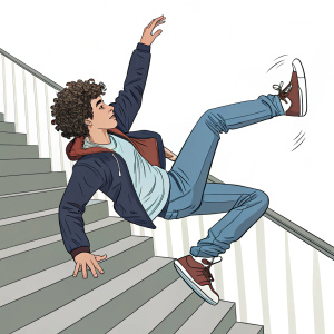 Vector illustration: Young man with curly hair in mid-fall down a staircase. Casual clothes, dramatic action scene