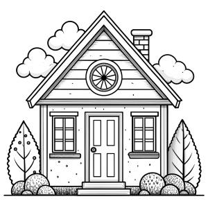 cute house, coloring book page, simple and clean line art, chilren drawing book, black and white, crisp black lines, sharp lines, simple coloring page for kids, cartoon style