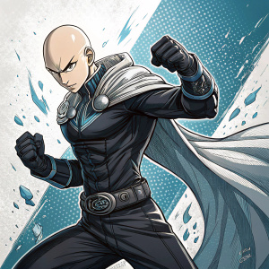 Fan art illustration of One Punch Man character Saitama. Blue and black color scheme, dynamic fighting pose, detailed black outfit, bold lines and shapes, abstract blue background