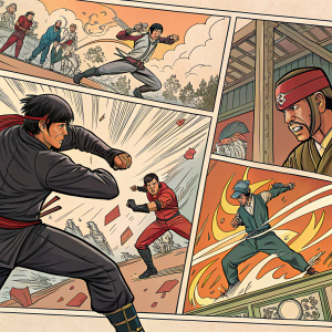 A comic book page with complex action scenes. Multiple panels arranged in rows, depicting intense fight sequences. Various characters performing dynamic movements, creating a seamless narrative flow.