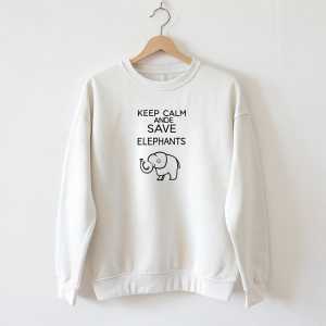 Graphic sweatshirt with elephant logo and slogan 'Keep Calm and Save Elephants'. Simple design against white backdrop.