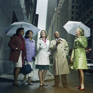 Sheinelle Jones, Hoda Kotb, Savannah Guthrie, Al Roker, and Megyn Kelly standing outdoors in bustling cityscape. Surrounded by skyscrapers.