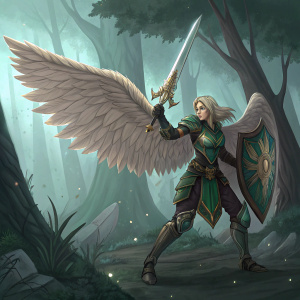 Viridian Kayle, a fierce female warrior, wielding a mighty sword and sporting a large, feathered wing attachment. She stands confidently in a mystical forest, surrounded by ancient trees and glowing magic runes.