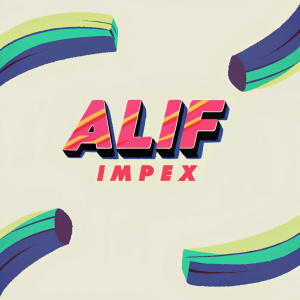 Elegant logo design for Alif Impex. Curved shapes and bold, contemporary font in purple and yellow on a dark background