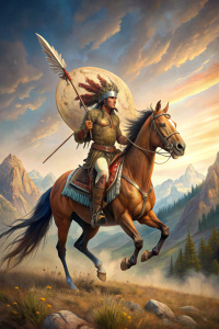 Native American Indian with feather headdress and shield, riding a jumping pinto horse, mountains background,
