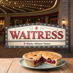 Theatrical poster for 'Waitress' musical. Pie with a bite missing, playbill logo, Brooks Atkinson Theatre name