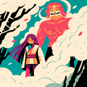 Digital illustration of Sumire Kakei, from Boruto: Naruto Next Generations. Sumire stands amidst a mystical forest. Fierce creature looms in the background, purple hair flows freely. Outfit is a blend of colors. Muscular creature with menacing expression.