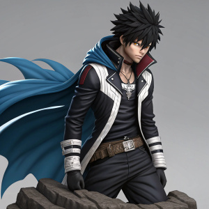 Digital illustration of Dabi Todoroki from My Hero Academia. Dark, edgy design with serious expression. Wears black and white jacket, distinctive chest design, and belt. Posed in dynamic stance on rocky base with blue fabric draped, against simple gray background.