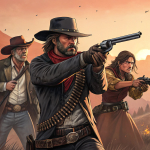 Promotional art for Red Dead Redemption. Main characters in dynamic action poses. Western attire and iconic accessories highlighted.