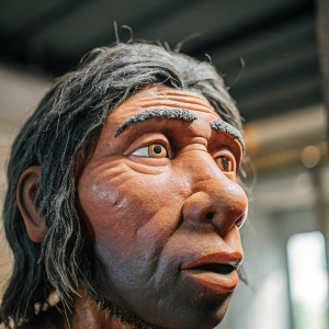 Realistic 3D model of a Neanderthal face. Close-up view. Expressive eyes and rugged features.