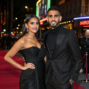 Rita Mahrez and Riyad Mahrez at the premiere event, in elegant black attire. The background is a bustling street with neon lights