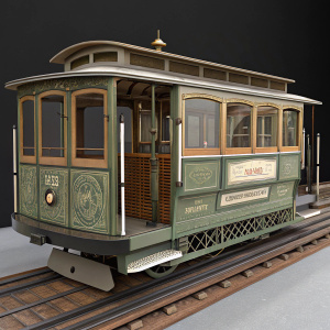 High-tech 3D model of a classic cable car from San Francisco. Detailed green-brown color palette, with intricate window designs and a side entrance. Modern black backdrop.