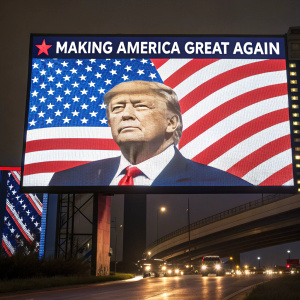 Digital billboard featuring a large portrait of Donald Trump, with bold text reading 'Making America Great Again'. Background of American flag patterns.