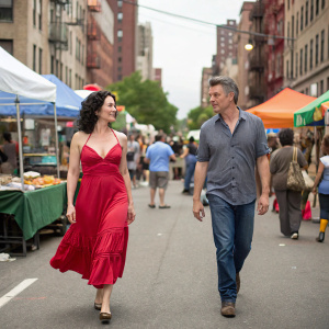 Camille O'Sullivan and Aidan Gillen attending a bustling New York City street fair. Camille in a vibrant red sundress, Aidan in a casual shirt and jeans.