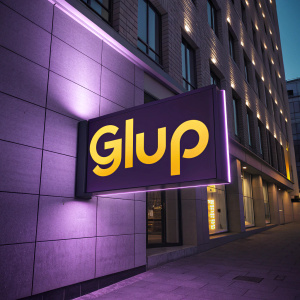 A sleek, contemporary logo design featuring the name 'Glup'. Bright yellow letters against a deep purple background.