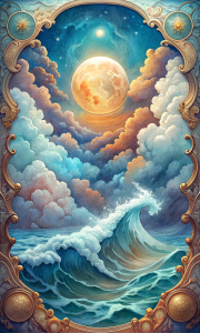 TAROT CARD, THE MOON AMONG CLOUDS, BELOW CLASHING WAVES, TIDE, BAROQUE STYLE