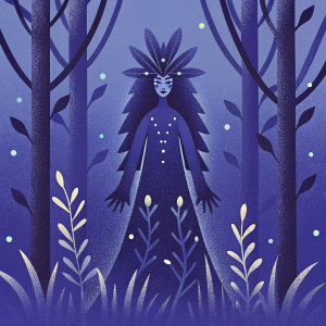 Digital art rendering of a fantasy character named Ahri Elderwood, inspired by video game aesthetics. She stands in a dense, enchanted forest, her form intricately detailed with foliage.