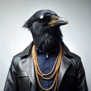 Portrait of a black crow in a fancy black coat wearing sunglasses and golden chain on white background