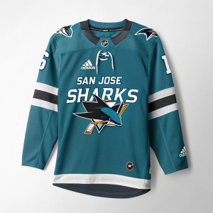 Concept design for San Jose Sharks jersey. Teal color scheme with shark logo. Grey and white accents. Adidas branding and team name prominently displayed.