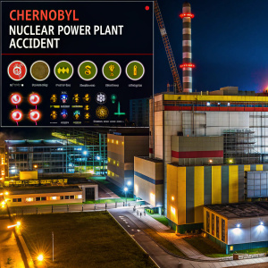 Infografía sobre el accidente de la central nuclear de Chernobyl. Mapa, símbolos y detalles técnicos en español.
