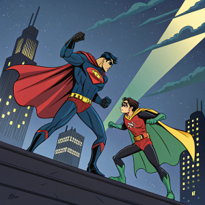 Superhero duo Superboy and Robin in action stance. Gotham city backdrop. Nighttime, with dramatic lighting effects. Comic book style illustration.