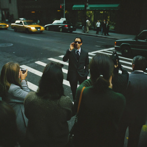 Shia LaBeouf at a busy city intersection, wearing a dark suit and shades. Surrounded by paparazzi and onlookers with their phones out.